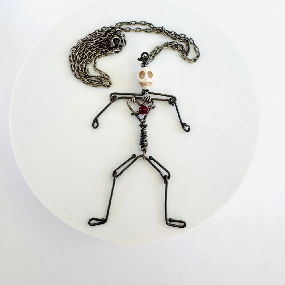 Handmade Skeleton Necklace “Bone Head” Sterling Silver & Copper with Bone Bead - Picture 1 of 9